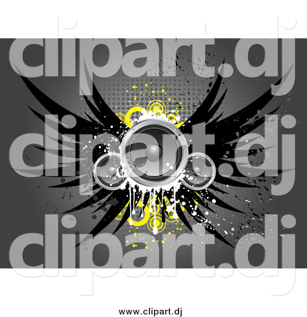 Vector Clipart of Winged Speakers with Yellow Circles, over a Gray Grungy Background with Dots
