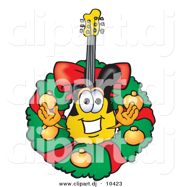 Vector of a Cartoon Guitar in the Center of a Christmas Wreath