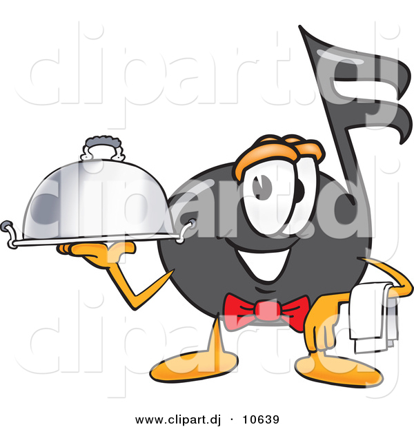 Vector of a Cartoon Music Note Dressed As a Waiter and Holding a Serving Platter