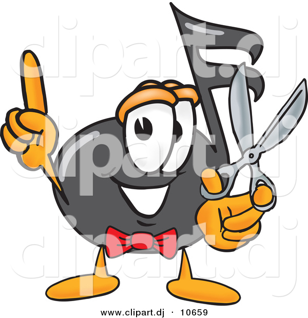 Vector of a Cartoon Music Note Holding a Pair of Scissors