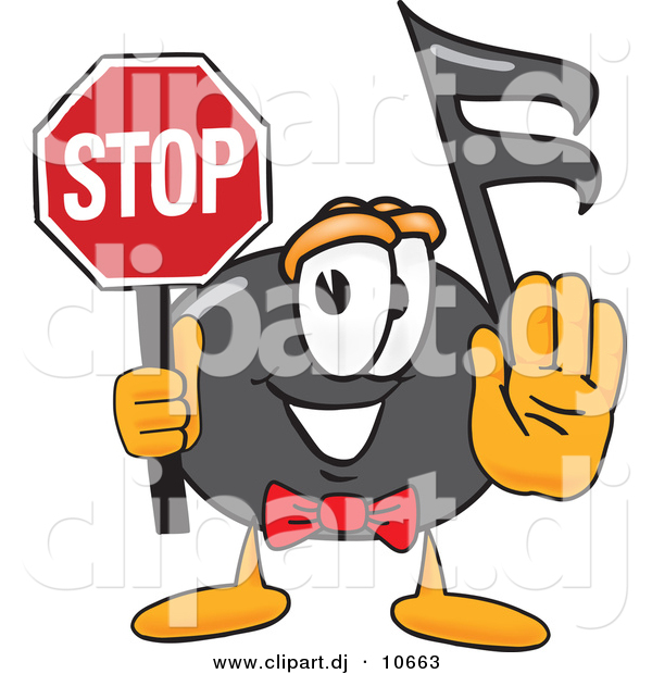 Vector of a Cartoon Music Note Holding a Stop Sign