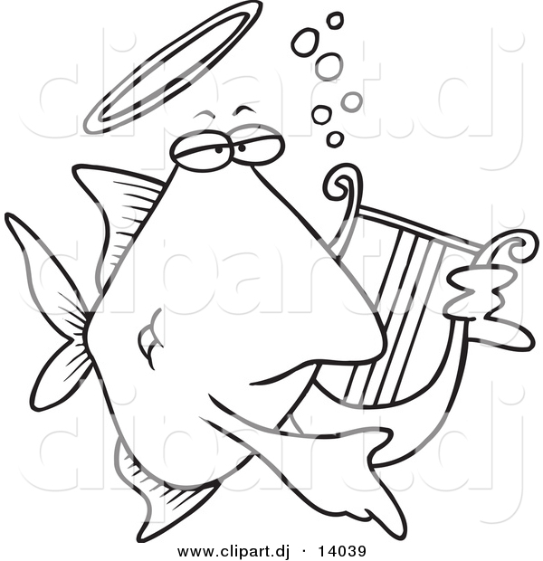 Vector of Cartoon Angelfish Playing a Lyre - Coloring Page Outline