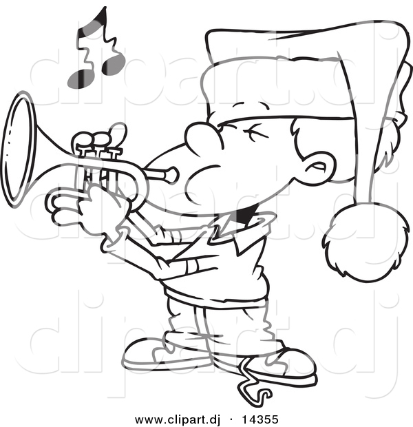 Vector of Cartoon Boy Playing Christmas Music on a Trumpet - Coloring Page Outline