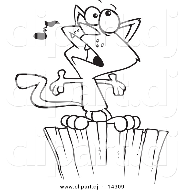 Vector of Cartoon Cat Singing on a Fence - Coloring Page Outline