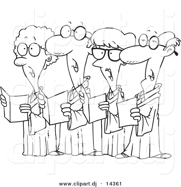 Vector of Cartoon Choir with 4 Senior Men and Women Singing - Coloring Page Outline