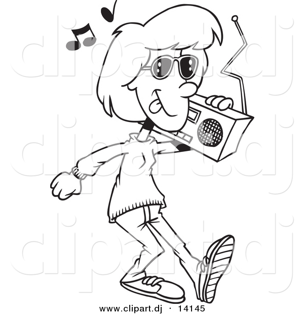 Vector of Cartoon Girl Carrying a Boom Box - Coloring Page Outline