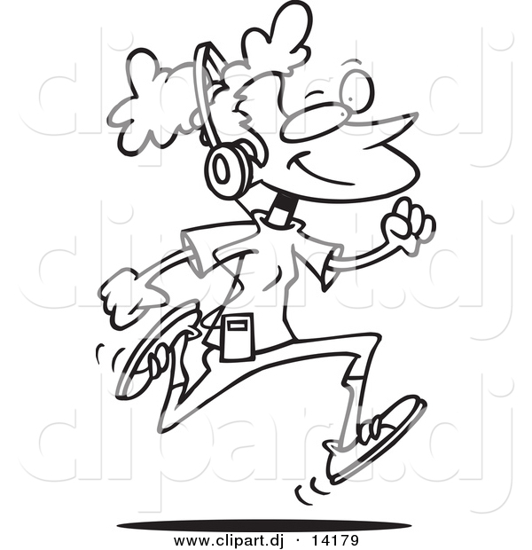 Vector of Cartoon Girl Listening to Music and Running - Coloring Page Outline