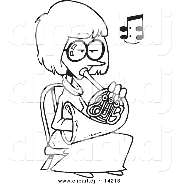Vector of Cartoon Girl Playing a French Horn - Coloring Page Outline