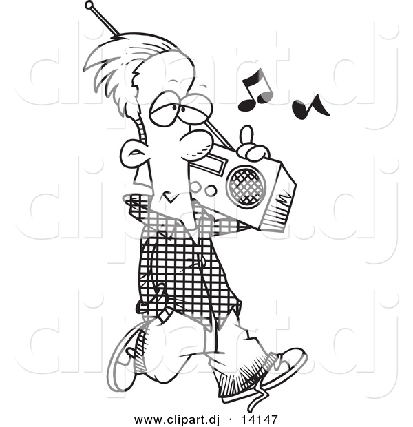 Vector of Cartoon Man Carrying a Boom Box - Coloring Page Outline