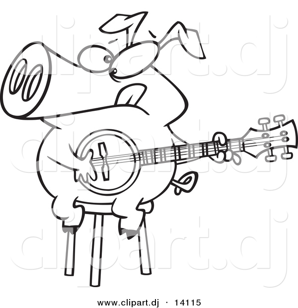Vector of Cartoon Pig Sitting on a Stool and Playing a Banjo - Coloring Page Outline
