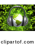 3d Clipart of a Green Globe Wearing Headphones over Green Music Notes Background by