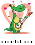 Cartoon Vector Clipart of a Guitarist Dinosaur Singing a Love Song with Hearts by Hit Toon