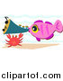 Cartoon Vector Clipart of a Pink Fish Blowing a Horn by a Crab by