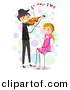 Cartoon Vector Clipart of a Stick Figure Boy Playing Violin Love Music to a Happy Girl Sitting on a Stool by BNP Design Studio