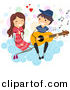 Cartoon Vector Clipart of a Stick Figure Boy Serenading a Girl on a Cloud with Guitar by BNP Design Studio