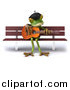 Clipart of a 3d French Frog Playing a Guitar on a Bench by