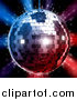 Clipart of a 3d Silver Disco Ball over Red and Blue Lights on Black by Tonis Pan