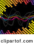 Clipart of a Neon Squiggly Lines Within Colorful Halftone Equalizer Circles over Black Background by Arena Creative