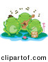 Vector Clipart of 3 Cartoon Green Frogs Playing Music on Lily Pads by BNP Design Studio
