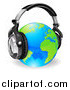 Vector Clipart of a 3d Blue and Green Globe Wearing Noise Canceling Music Headphones by AtStockIllustration