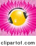 Vector Clipart of a 3d Disco Ball Wearing Headphones, on a Bursting Pink Background Bordered by Equalizer Lines by Elaineitalia