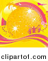 Vector Clipart of a 3d Gold Disco Ball with Palm Trees, Sunshine, Silhouetted People, Flowers, Airplanes and Butterflies and a Wave of Pink and Yellow by Elaineitalia