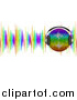 Vector Clipart of a 3d Rainbow Disco Ball Wearing Headphones over Colorful Sound Waves by Elaineitalia