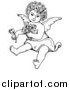 Vector Clipart of a Black and White Cherub Sitting on the Ground, Holding Flowers in One Arm and a Rose out in One Hand by C Charley-Franzwa