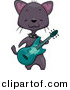 Vector Clipart of a Black Cartoon Cat Playing Green Guitar by BNP Design Studio