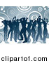 Vector Clipart of a Blue Silhouetted Group of Dancers over Circles and Spirals by KJ Pargeter