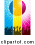 Vector Clipart of a Blue, Yellow and Pink Panels of Silhouetted Concert Crowd Hands Under a Disco Ball by Elaineitalia