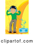 Vector Clipart of a Boy Listening to Music over Yellow and Orange by Mayawizard101