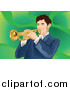 Vector Clipart of a Brunette White Man Playing a Trumpet, over Green by Mayawizard101