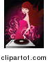 Vector Clipart of a Brunette White Woman in a Pink Dress Dancing by a Record Player by OnFocusMedia