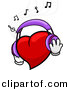 Vector Clipart of a Cartoon Heart Character Wearing Headphones While Listening to Music by BNP Design Studio