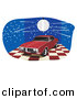 Vector Clipart of a Disco Ball over Red 1968 Pontiac Firebird with Dark Tinted Windows by David Rey