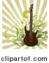 Vector Clipart of a Distressed Electric Guitar with Music Notes and Speakers over a Green Ray Background by OnFocusMedia