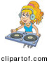 Vector Clipart of a Dj Girl Wearing Headphones and Mixing Records by Visekart