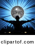 Vector Clipart of a Dj Wearing Headphones in Front of Silver Disco Ball over Bursting Blue Background by Elaineitalia