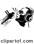 Vector Clipart of a DJ Wearing Headphones While Speaking into Retro Microphone - Black and White Version by Frisko