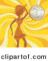 Vector Clipart of a Girl Dancing over Yellow Swirling Background with Sparkling Disco Ball by Amanda Kate