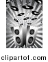 Vector Clipart of a Grayscale Background of Music Notes and Records Above Two Stereo Speakers on a Burst by KJ Pargeter