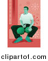 Vector Clipart of a Green Toned Man Sitting and Playing Bongo Drums, over Pink by Mayawizard101