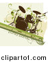 Vector Clipart of a Grungy Drum Set over a Beige Background with Green Lines and Vines by OnFocusMedia