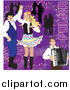 Vector Clipart of a Happy Couples Dancing to Polka Music and an Accordian Man on Purple by Inkgraphics