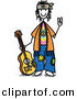 Vector Clipart of a Happy Hippie Stick Figure Guy with a Guitar and Gesturing Peace Sign wIth His Hand by Frog974