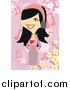 Vector Clipart of a Happy Woman Listening to Music over Pink Floral by Mayawizard101