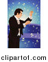Vector Clipart of a Male Music Conductor over Blue with Notes by Mayawizard101