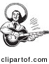 Vector Clipart of a Mexican Mariachi Guitarist Playing Music - Retro Black and White Version by BestVector
