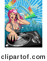 Vector Clipart of a Pink Haired Dj Girl Mixing a Record by AtStockIllustration